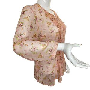 Daniel Rainn Sheer Pink Floral Blouse Size S Pleated Front Back Covered Buttons